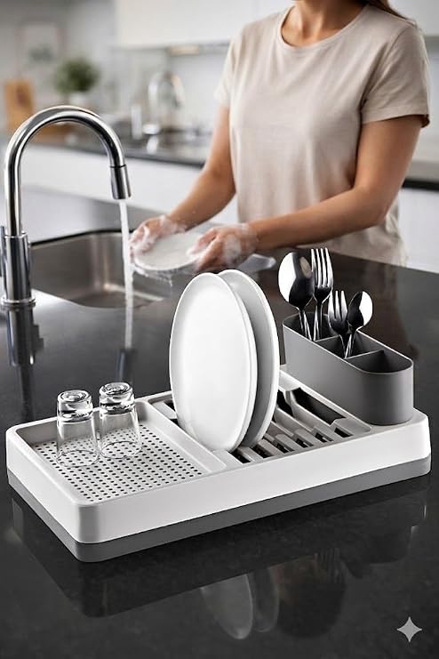 Pratik Tezgah Üstü Bulaşıklık Tabaklık Kurutmalık - Dayanıklı Plastik Çok Bölmeli Mutfak Düzenleyici Organizer, Kaşıklıklı Geniş Bölmeli Bulaşık Kurutma Rafı, 42x26x6 cm (GRİ)