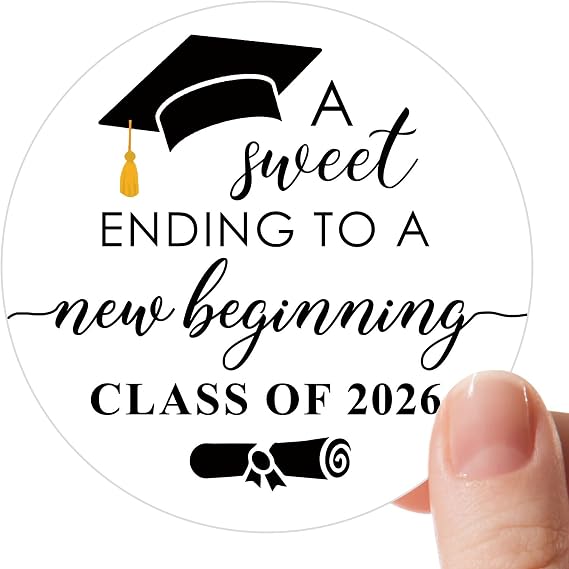 120 Pack Graduation Stickers Black & White Sweet Ending to A New Beginning Class of 2026 Round Gift Tags, 1.6 Inch Invitation & Favor Labels for Graduation Party Decorations