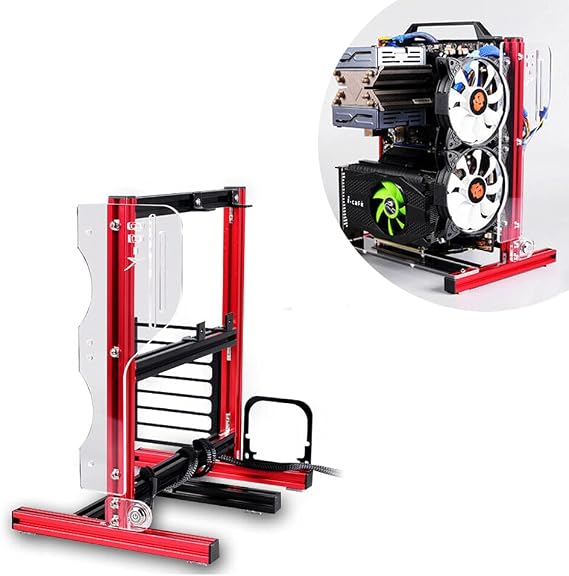 ITX (17 x 17cm) ATX MATX PC Motherboard Case Frame, Open Bare Metal Air Water Cooling Fan Stand Chassic Test Bench Vertical Rack Computer Board Overclocking Heat Dissipation (Vertical Red)