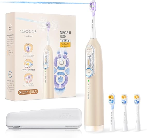 Soocas NEOS II Ultra Electric Toothbrush with Water Flosser and Classic Clean Replacement Heads Champagne Gold Bundle