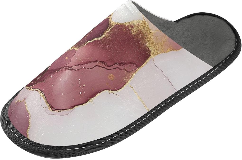 Ladies Memory Foam Slippers Woman Sleepers Marble Burgundy White