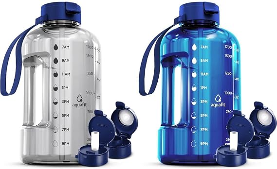 AQUAFIT 2 Pack - 2 x Half Gallon Water Bottle With Time Marker - Big Water Bottle With Straw - BPA Free Gym Water Bottle With Handle - 64 oz Water Bottles