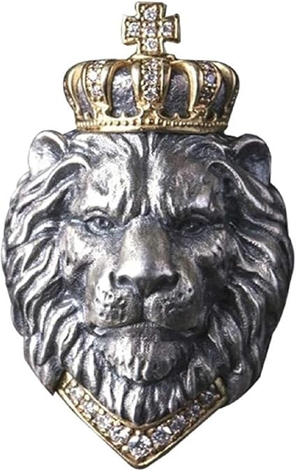 Lion Head Ring for Men, Punk Animal King Crown Lion Ring, Hip Hop Lion Head with Crown Rhinestones Crystal Biker Ring, Lion Totem Ring, Amulet Ring, Gothic Jewelry - Men