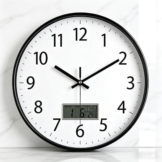 SIN&MI 12 Inch Wall Clock LCD Display Number Frame Glass Cover Non-Ticking Number Quartz Wall Clock Modern Quartz Design Decorative Indoor/Kitchen White