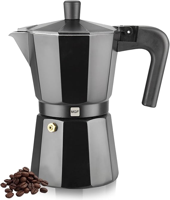Magefesa Kenia Noir Stovetop Espresso Moka Pot, 3-Cup/5 oz, Italian Coffee Maker for Cuban Coffee, Extra-Thick Aluminum, Heat-Resistant Handle, Safe & Easy-to-Use, Greca Coffee Maker