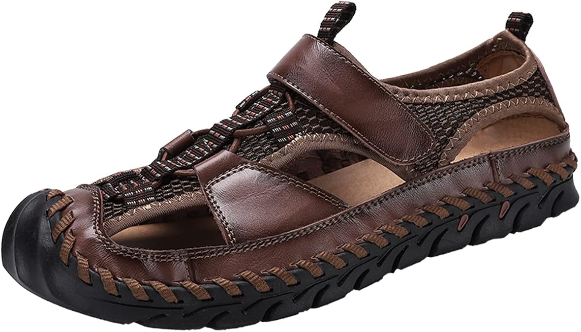 Men's Sandals, Summer Leather Fisherman Beach Shoes Closed Toe Sandals for Men Handmade Breathable Water Sandals Outdoor Non Slip Walking Shoes Anti Collision Comfort Hiking Athletic Slides Sandals