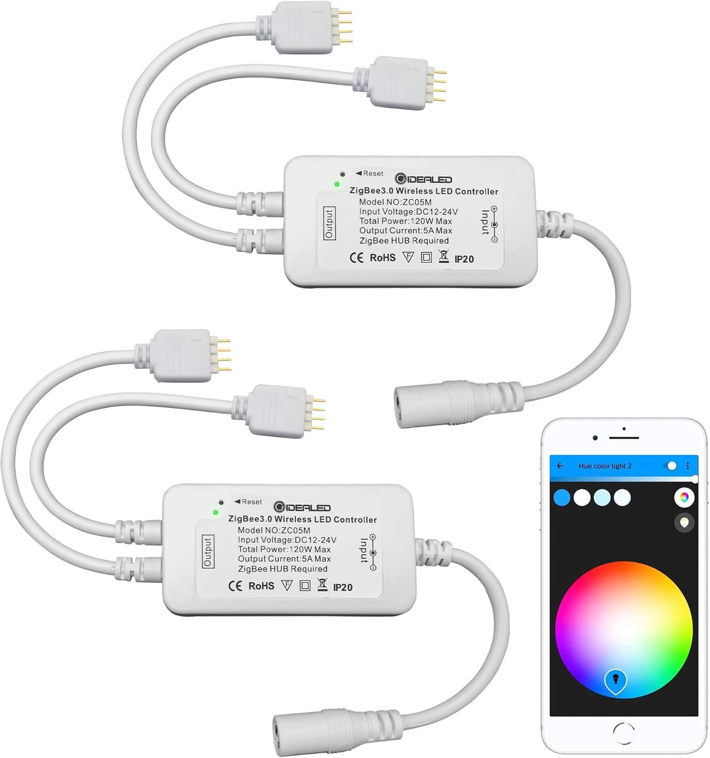 GIDEALED 2 Pack Smart ZigBee 3.0 LED Controller 2-Output for 4 Pin RGB StripLights Dimmable Compatible with Hub Bridge,Echo Plus,Echo Show2Gen AppAlexa Voice Control Ambiance Lighting [Energy Class F]