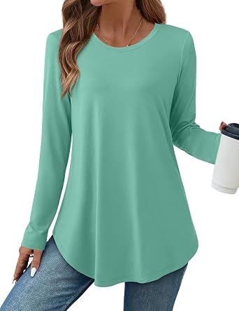 JUSTFASHIONNOW Womens Long Sleeve Shirts Crew Neck Casual Basic Blouse Flowy Loose Tunic Tops Fall Fashion 2025