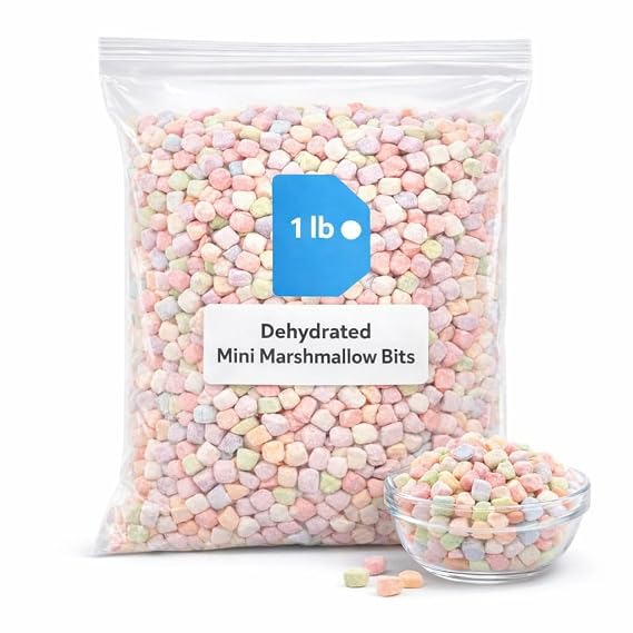 Dehydrated Mini Marshmallow Bits 1 lb Bag Colorful Crunchy Marshmallow Pieces Perfect Cereal Topping, Hot Chocolate, Baking, Desserts, and Ice Cream