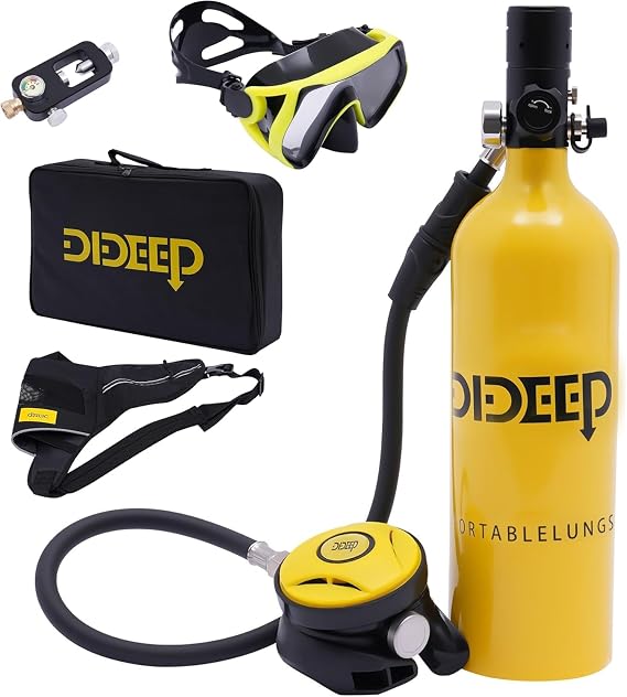 1L Mini Scuba Tank, Portable Diving Tank Kits 15-20 Minutes, Lung Tank with Tank Gear Mirror, Inflation Adaptor, Mini Carrying Bag for Underwater Exploration, Vacation Diving
