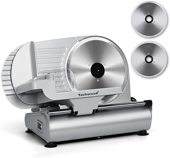 Meat Slicer, Techwood Electric Deil Food Slicer with Removable 9 Stainless Steel Blade, Deli Cheese Fruit Vegetable Bread Cutter with Adjustable Knob for Thickness, Food Carriage & Non-Slip Feet
