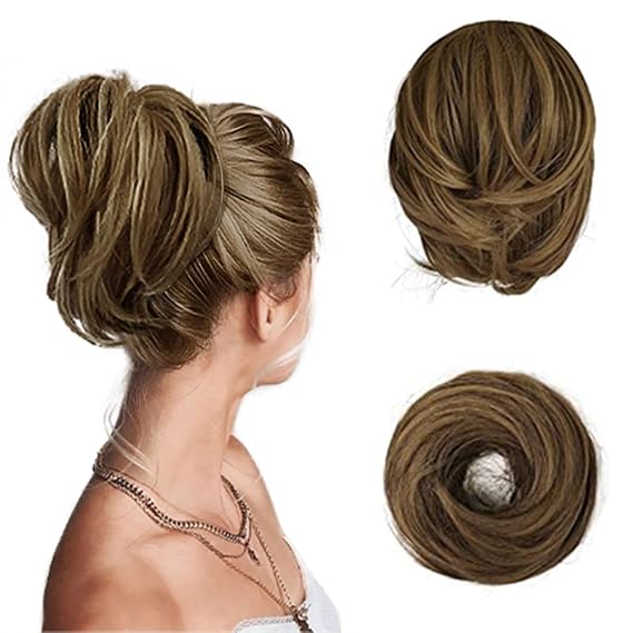 BARSDAR Hair Bun Ponytail Extension - Fully Short Straight Ponytail Bun Extensions Synthetic Easy Elastic Messy Hair Bun Scrunchies Hairpieces for Women - Brown mix Strawberry Blonde