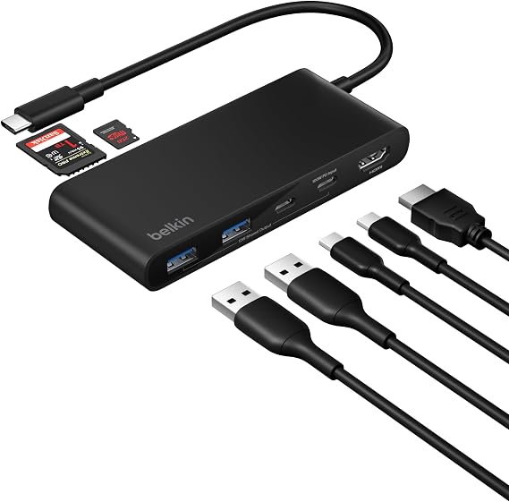 Belkin USB-C Hub, 7 Portlu, 60 Hz’de 4K HDMI Ekran Desteği, SD ve MicroSD Yuvaları, 100W Güç İletimi, 5Gbps Veri Aktarımı, MacBook, iPad Pro, Chromebook için USB-C Çoklu Port Adaptörü, HDMI 2.0, Siyah