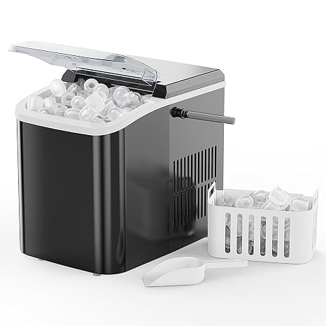 NEWBULIG Ice Makers Countertop with Handle, Portable Ice Machine, 9 Bullet Ice Cubes in 6 Mins, 26lbs in 24Hrs, Auto-Cleaning, with Basket and Scoop, for Home, Kitchen, RV, Camping,Black