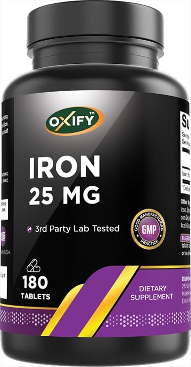 Oxify Iron 25 mg | 180 Tablets | Gluten-Free, Non-GMO | Supplement Made in USA