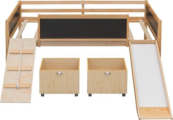 Multifunctional Design Kids Loft Bed with Slide for Boys & Girls Bedroom (Natrual-1, Twin)