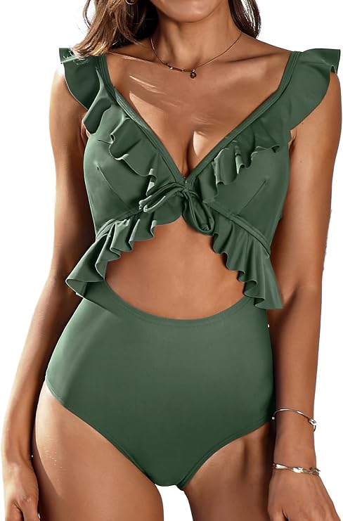 SOCIALA Womens Ruffle Cut Out One Piece Swimsuits Strappy Monokinis Swimwear Bathing Suits