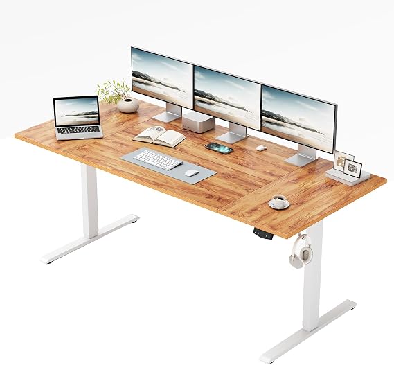 Klicelor Height-Adjustable Electric Desk, 140x80 cm Sit-Stand Office Desk, Computer Desk with Memory Function, Standing Desk, Gaming Desk with Four-Part Tabletop, Light Brown