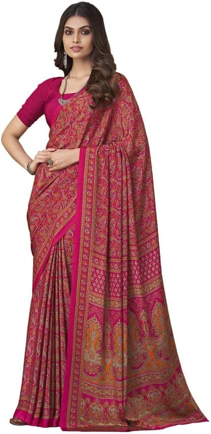 Womens Floral Printed Silk Crepe Saree with Unstitched Blouse Piece2858S2464_Dark Pink