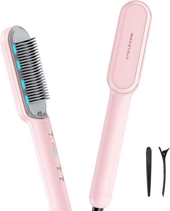 Wavytalk Hair Straightener Brush, Sleek Sweep Ionic Straightening Brush with 6 Temperature Adjust, Anti-Scald Ceramic Straightening Comb Fast Heating for Home Salon, Dual Voltage Pink.