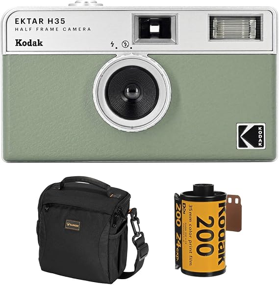 Kodak EKTAR H35 Half Frame Film Camera, Sage, Bundle with Kodacolor Gold 200 35mm Color Negative Roll Film, 24 Exposure and Slinger Alpine Shoulder Bag