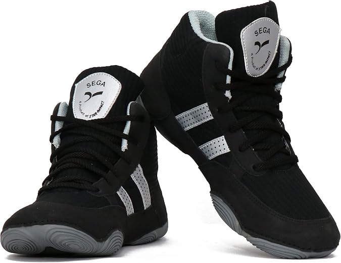 QUIVE Ring Wrestling Shoes, High Top Pro Wrestling & Boxing Shoes, Light Blue & Black, Boxing Boots for Men, Women & Children Unisex Combat Training Boots