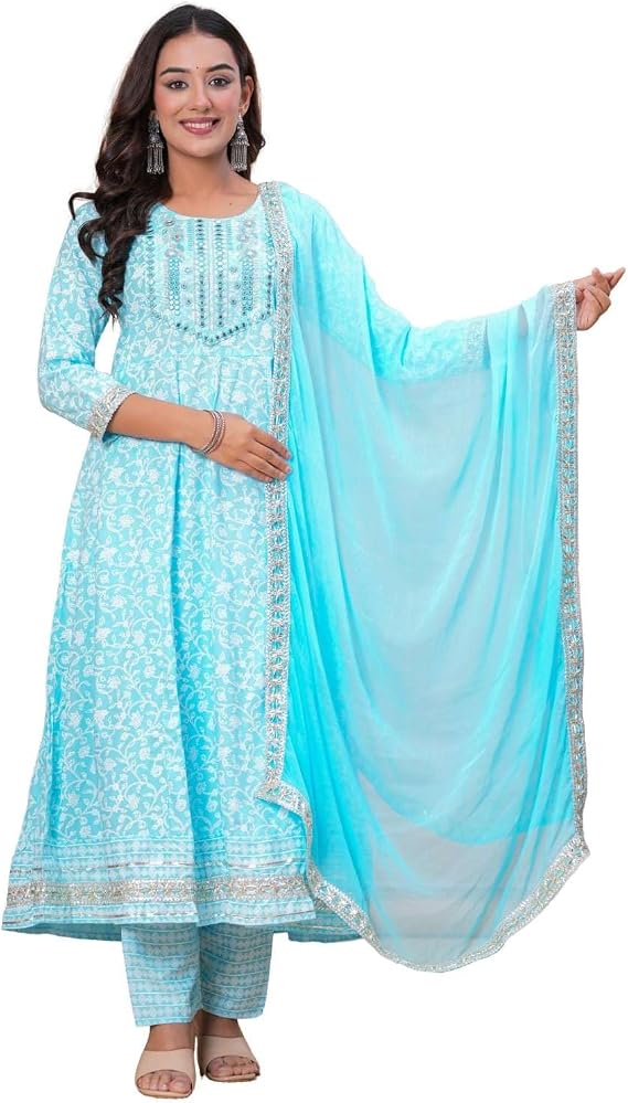 KIRAT Womens Cotton Anarkali Kurta Set with Pant and Dupatta | Elegant Floral Printed Long Kurti