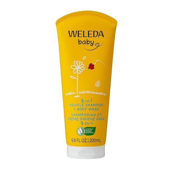 Weleda Baby Calendula 2-in-1 Gentle Shampoo and Body Wash, 6.8 Fluid Ounce, Plant Rich Cleanser with Calendula and Sweet Almond Oil | Soap-free vegan, Mild plant cleansers, Extra mild on eyes, Organic calendula & chamomile, Almond & sesame oils
