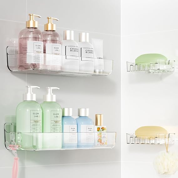 Sotfamily Crystal-Clear Shower Caddy with Soap Dish & Adhesive Pads, 2 Pack