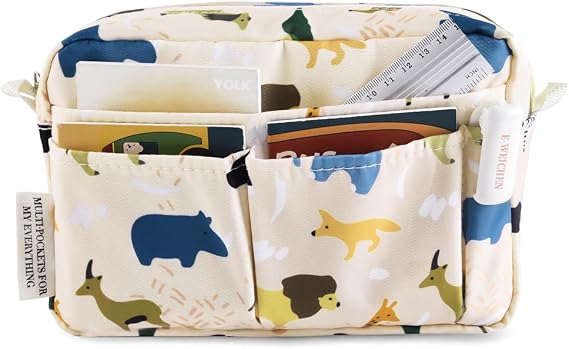 Multiple Pockets Portfolio Organizer with Zipper,Makeup Bag Pencil Pouch | Adult Travel Portable Waterproof Stationery Bag for Journal Tools,Art Supplies,Office Gadgets and Cosmetics.Beige Animals