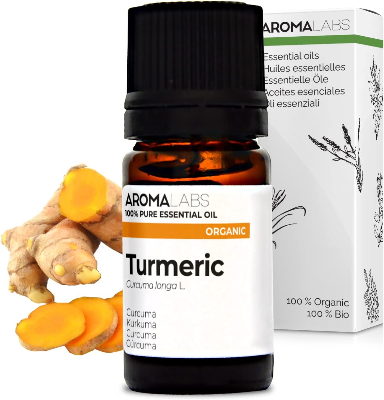BIO - Turmeric Essential Oil - 5mL - 100% Pure, Natural, Chemotyped and AB/Cosmos Certified - AROMA LABS (French Brand)