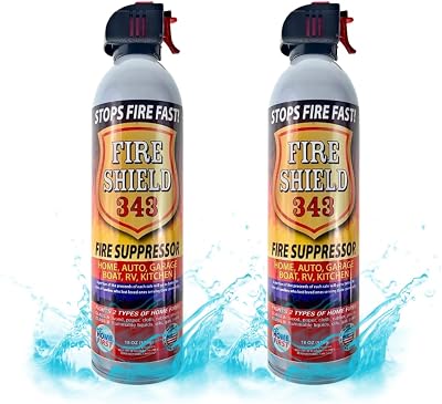 Fire Shield 343 - Home & MOBILE Use Aerosol Fire Suppressant Spray Foam Eliminates Gasoline, Kitchen Grease, Oil, Wood Fires. For Garage, House, Camping, RV & More 2 Pack