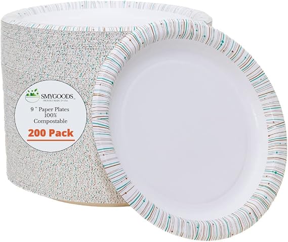 9 Inch Paper Plates 100% Compostable [200 Pack]