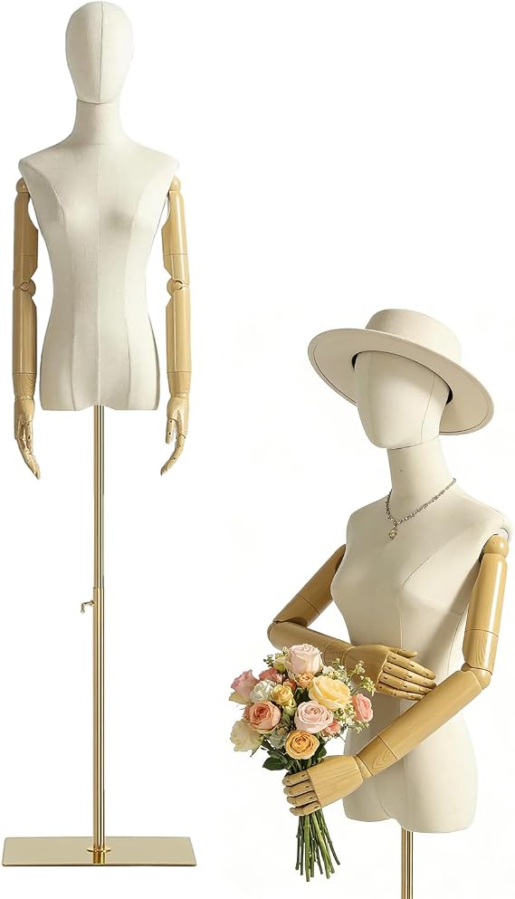 Female Mannequin Dress Form Torso, Display Mannequin Body with Detachable Head, Wooden Hands and Golden Adjustable Height Stand, for Dress Jewelry Display, Beige (Gold)