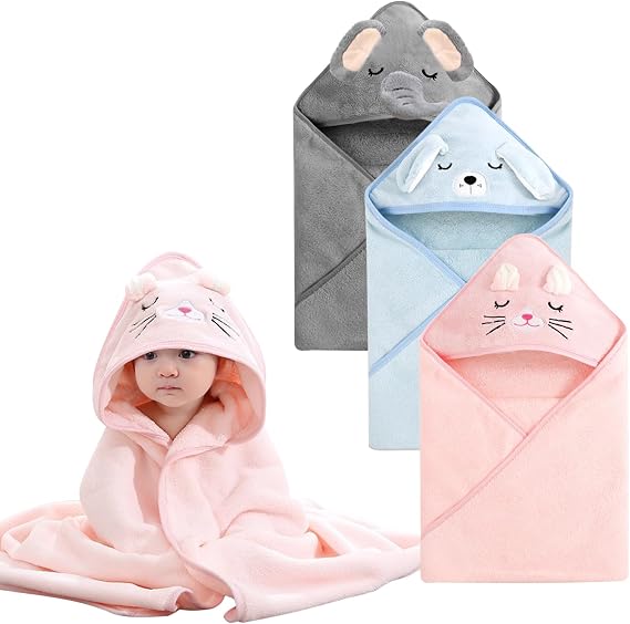 Pack of 3 Hooded Towel Baby Baby Towel Hood 80 x 80 cm Baby Towel with Hood Coral Hem Soft and Super Water Absorbent Soft Animal Pattern Towels (Blue + Grey + Pink)