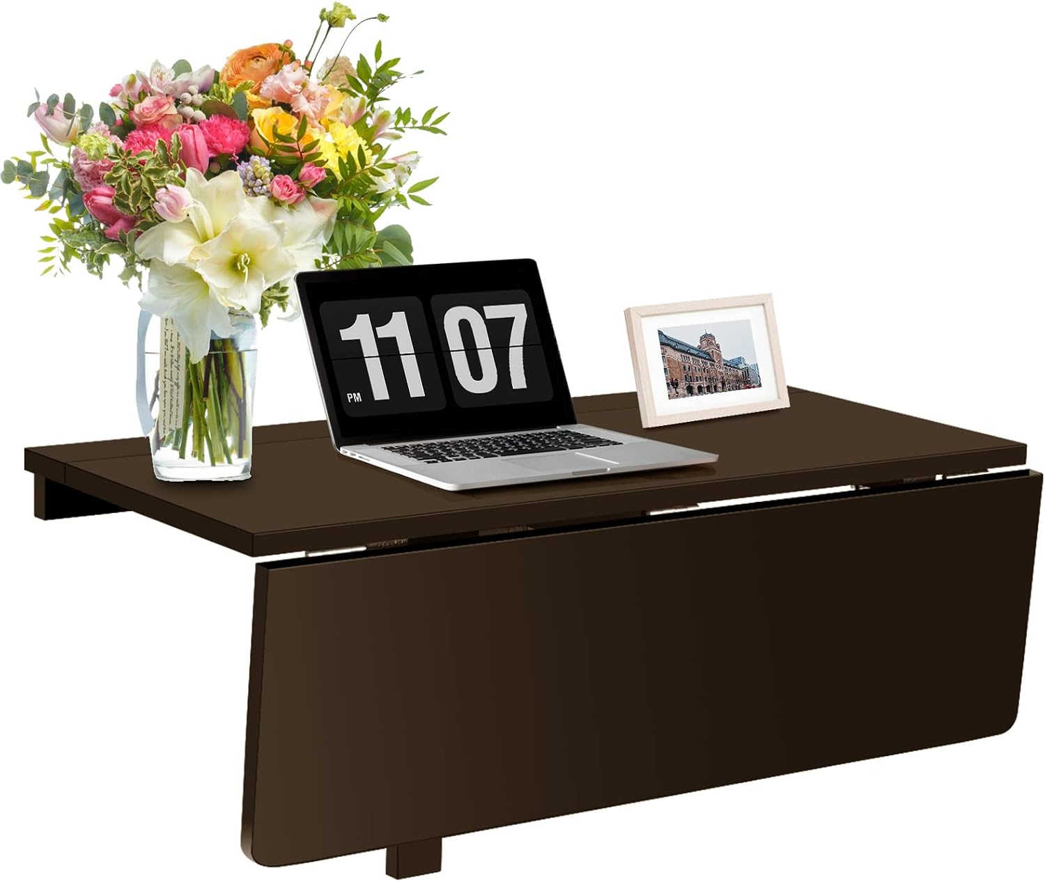 COSTWAY Wall Mounted Folding Table 31.5 x 23.5 Drop Leaf Floating Writing Desk for Small Space Saving Folding Laptop Workstation for Kitchen Bedroom Laundry Room Study Brown
