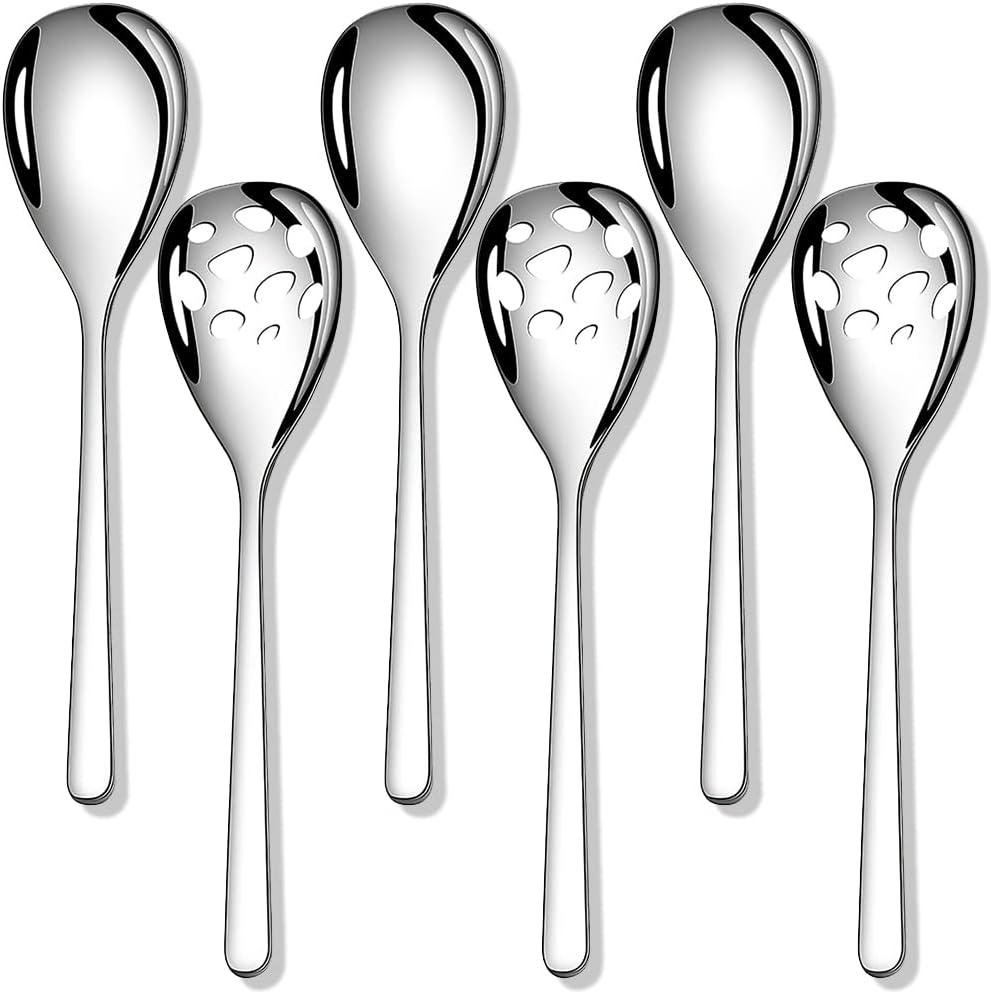 Slotted Spoon Serving Spoon, 9.3 inches Stainless Steel Salad Serving Spoons, Utility Advanced Performance Skimmer, Large Cutlery Serving Set for Buffet Party Banquet Cooking Kitchen,Set of 6