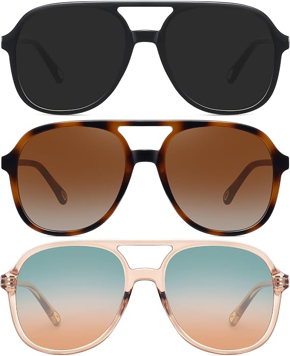 MEETSUN Retro 70s Oversized Aviator Sunglasses for Women Men 3 Pack | UV400 vintage square aviators, trendy pilot shades, double bridge sunnies, outfits, driving, summer beach vacation