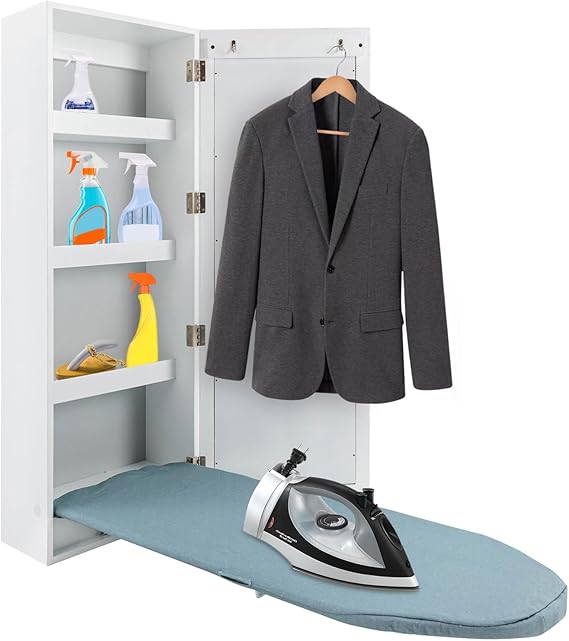 Wall Mounted Ironing Board Built in Ironing Board Cabinet Foldable Storage Cabinet with Mirror & Hooks, Load 22.04Lbs (Normal)