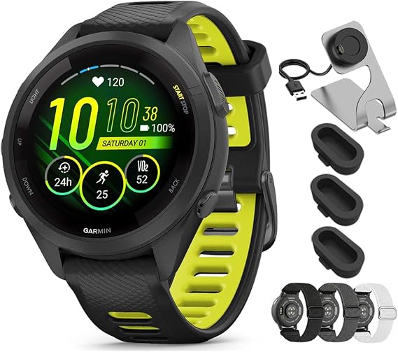 Garmin Forerunner 265S Running GPS Smartwatch, AMOLED Display, 42mm, Black/Amp Yellow, 010-02810-03 - Bundle w/Deco Essentials 18mm Nylon Elastic Bands, Dock and Dust Cover
