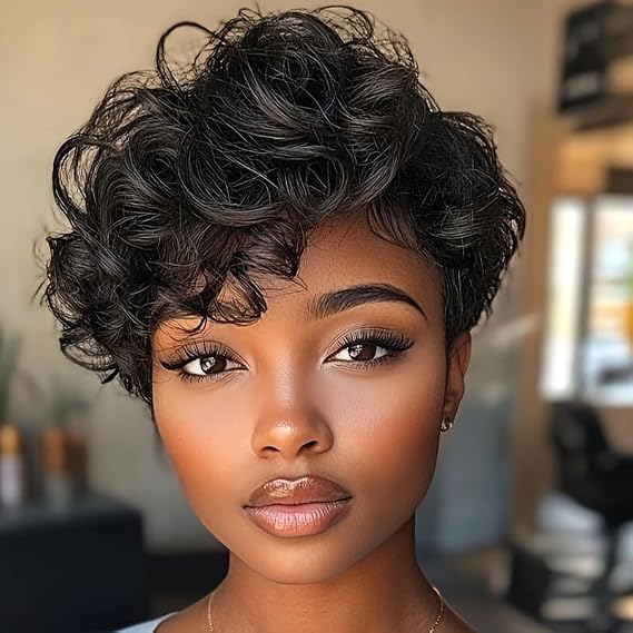 Short Curly Pixie Cut Black Synthetic Wig, Layered Wavy Style, Natural Looking