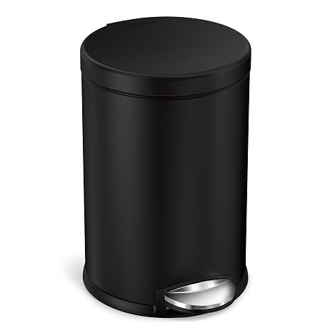 simplehuman Round Step Can, 4.5L / 1.2 Gallon Compact Bathroom Trash Can, 150,000-Step Pedal, Lid Shox Silent Close, Removable Inner Bucket, Matte Black Steel