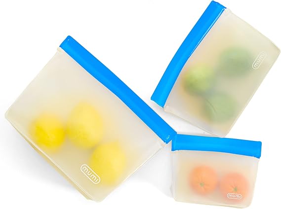 MUMI Piccolo Reusable Zip Up Bags Set of 3 Silicone Ziplock Bag | Reusable Ziploc Bags for Food Storage, Freezer, Snacks | BPA-Free Airtight Silicone Storage Bag for Travel & Meal Prep - Blue