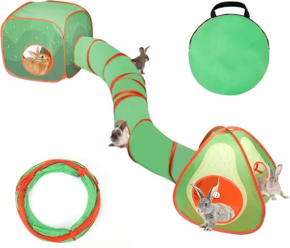 BWOGUE Bunny Tunnels & Tubes, 3-in-1 Collapsible Rabbit Hideout Toy Set | Bunny Toys for Hiding & Play, Rabbit Toys with Peephole & Ball Toy, Tear-Resistant Polyester, Detachable Design, Folds Flat