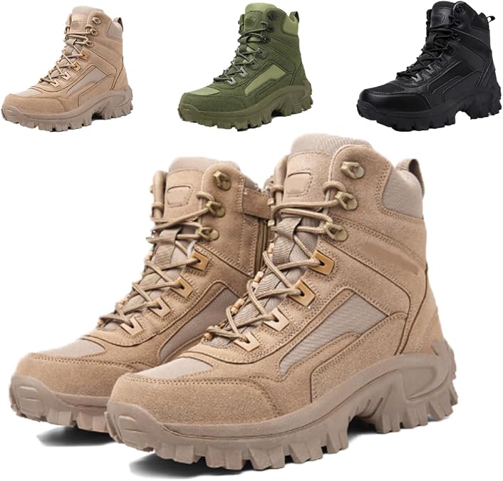 Men's Waterproof Side Zipper Outdoor Combat Boots,Tactical Boots, Men's Military Tactical Work Boots Side Zipper Lightweight and Comfortable Orthopedic Hiking Motorcycle Combat Boots