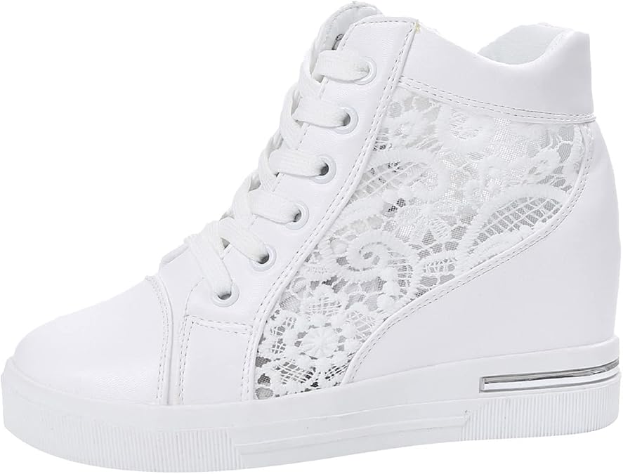 Hidden Wedge Heel High Top Sneakers for Women, Increasing Shoes Rubber Wedge Women Platform Lace Leather Women's Casual Shoes Slip on Womens Shoes Business Casual