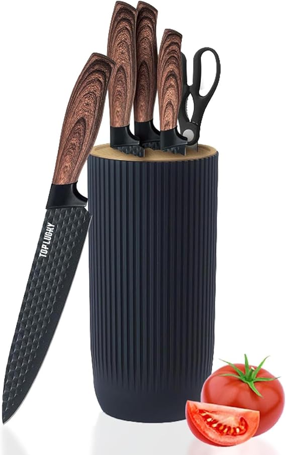 Knife Set 6-Piece Black Sharp Knife Block Set for Kitchen Non-Stick Non-Slip Stainless Steel Chef's Knife Set with Universal Knife Block Suitable for Home Restaurant Picnic (Black)