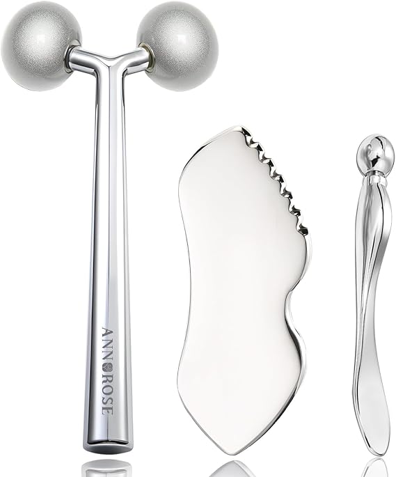 3-in-1 Stainless Steel Facial Massage Set, Face Roller, Gua Sha Tool, Eye Cream Applicator, Silver,Gifts for Women and Girl