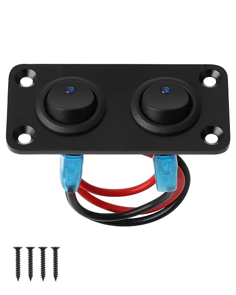 12V-24V Switch Panel with Blue LED Dual Switch Controls 2 Gang Toggle Rocker ON/OFF Individual ABS Aluminum Construction for Auto Automotive Lights Boat Yacht Trailer Caravan Camper Bus Tractor Truck