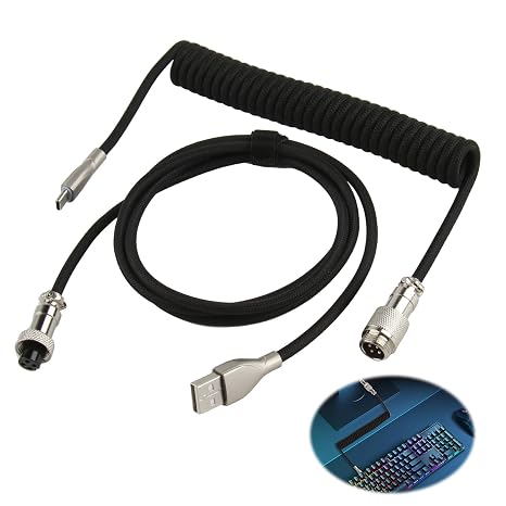 Type C Mechanical Keyboard Coiled Cable Wire Detachable Metal Aviator Connector Double Sleeved Elastic Type-C to USB-A Hyperspeed Line for PC Laptop Gaming Keyboard Fast Charging Data Transfer